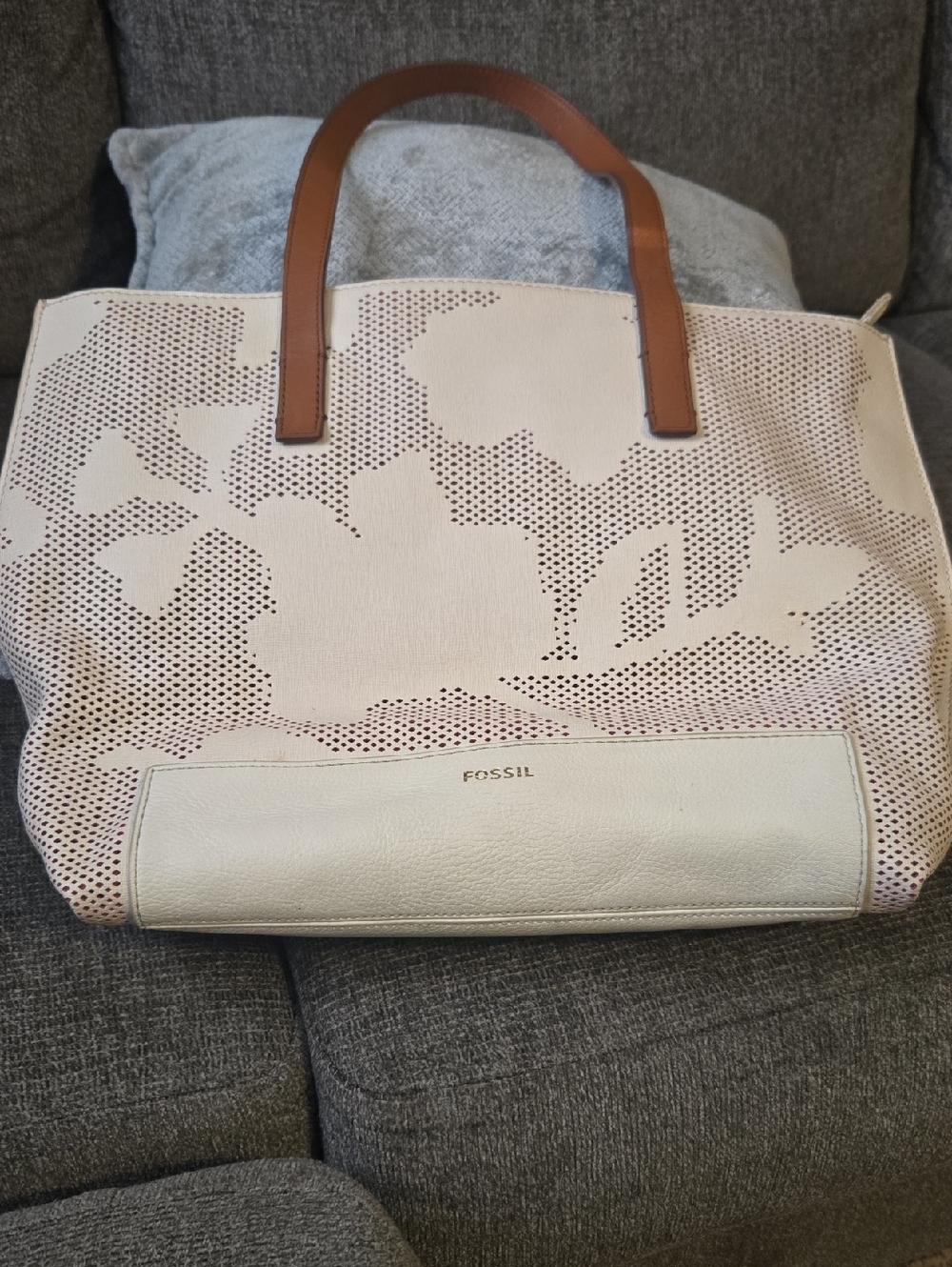 Fossil Madison Shopper's Cream & Brown Perforated Floral Tote